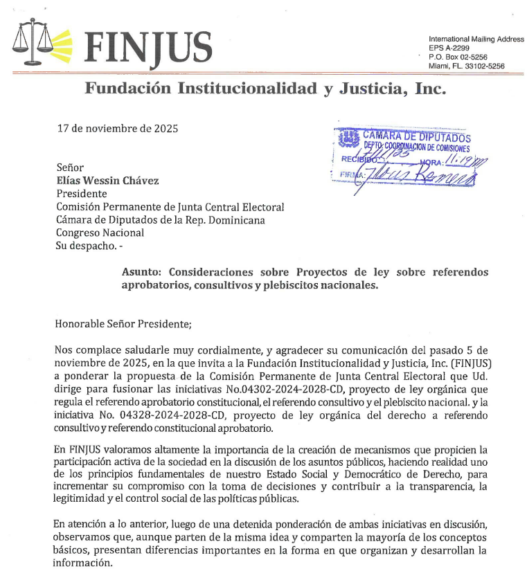 Carta depositada Comisión Permanente de Junta Central Electoral Cámara de Diputados. Asunto: Consideraciones sobre Proyectos de ley sobre referendos aprobatorios,consultivos y plebiscitos nacionales.