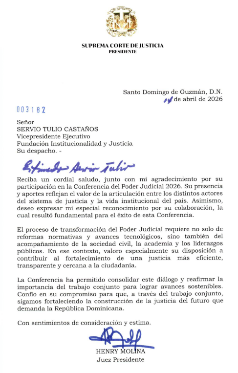 Carta Recibida del Juez Presidente Suprema Corte de Justicia, Henry Molina